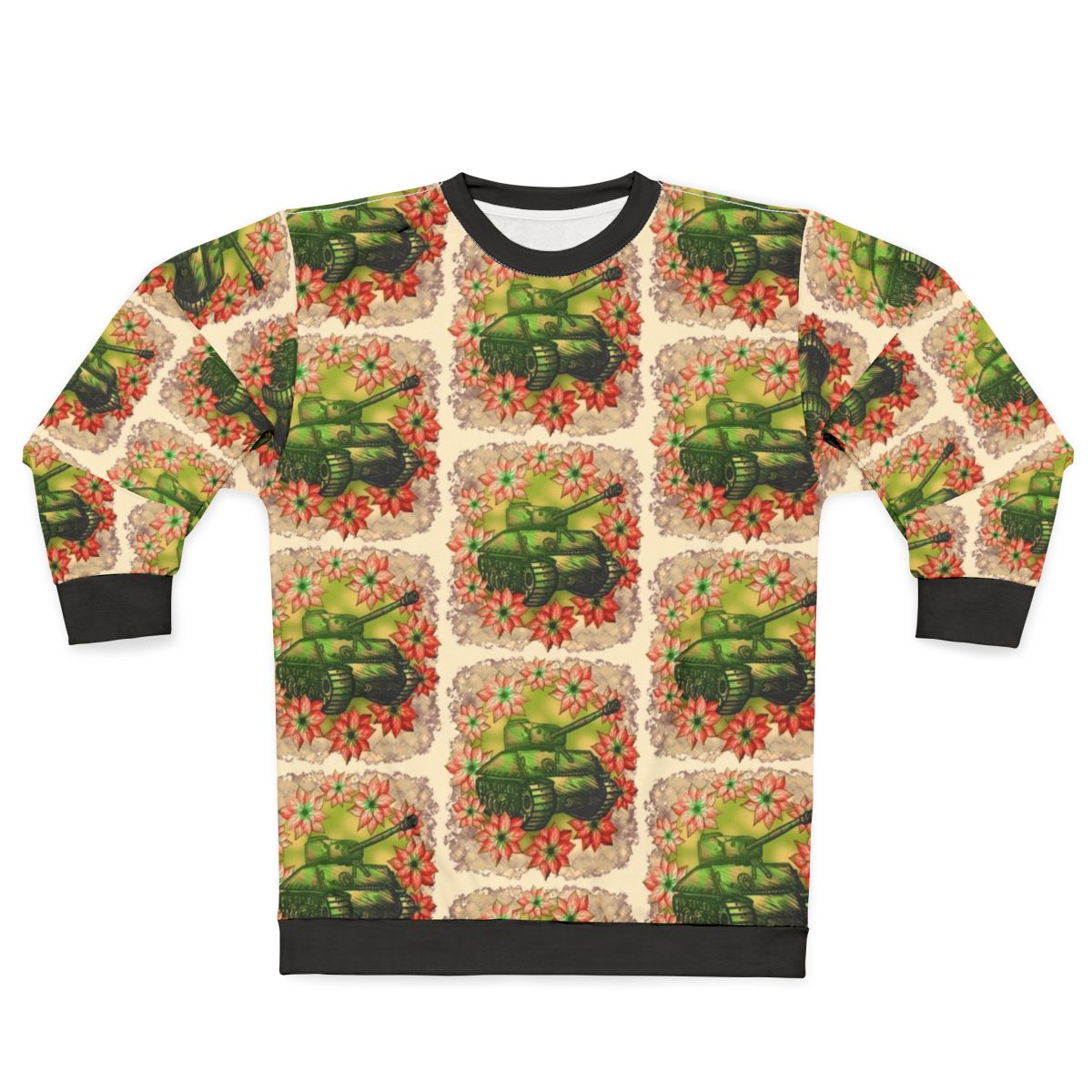 Festive military-inspired Christmas sweatshirt with camouflage pattern and poinsettia print