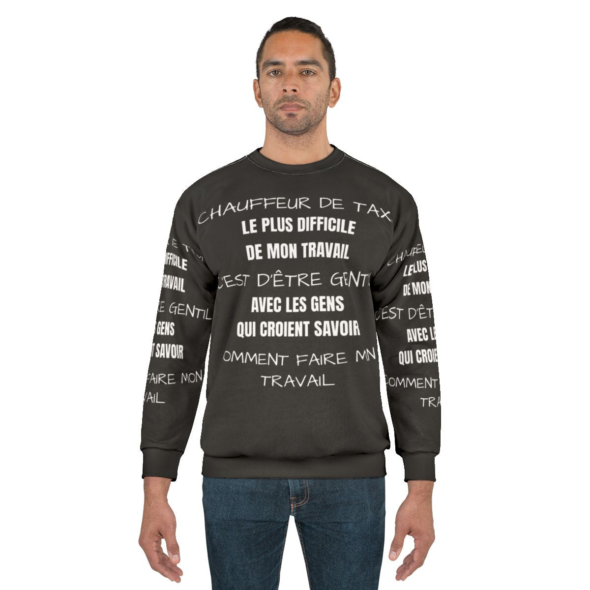Taxi driver wearing a stylish sweatshirt with the text "Taxi Driver" on it