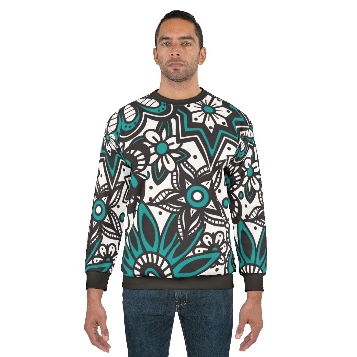 Teal and white floral doodle print sweatshirt