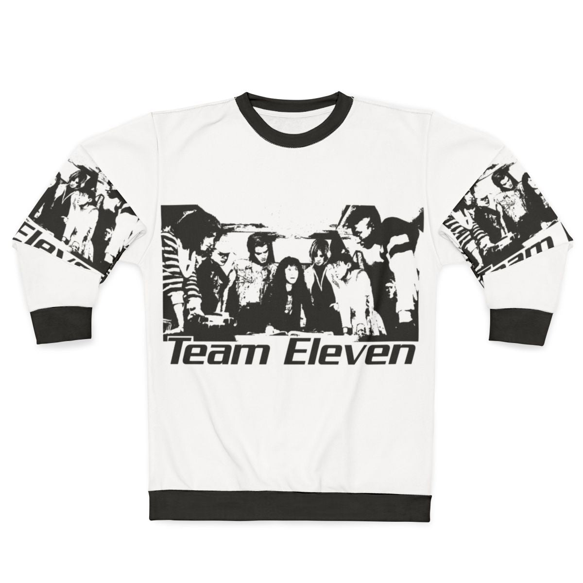 Eleven from Stranger Things wearing a cozy sweatshirt