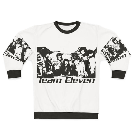 Eleven from Stranger Things wearing a cozy sweatshirt