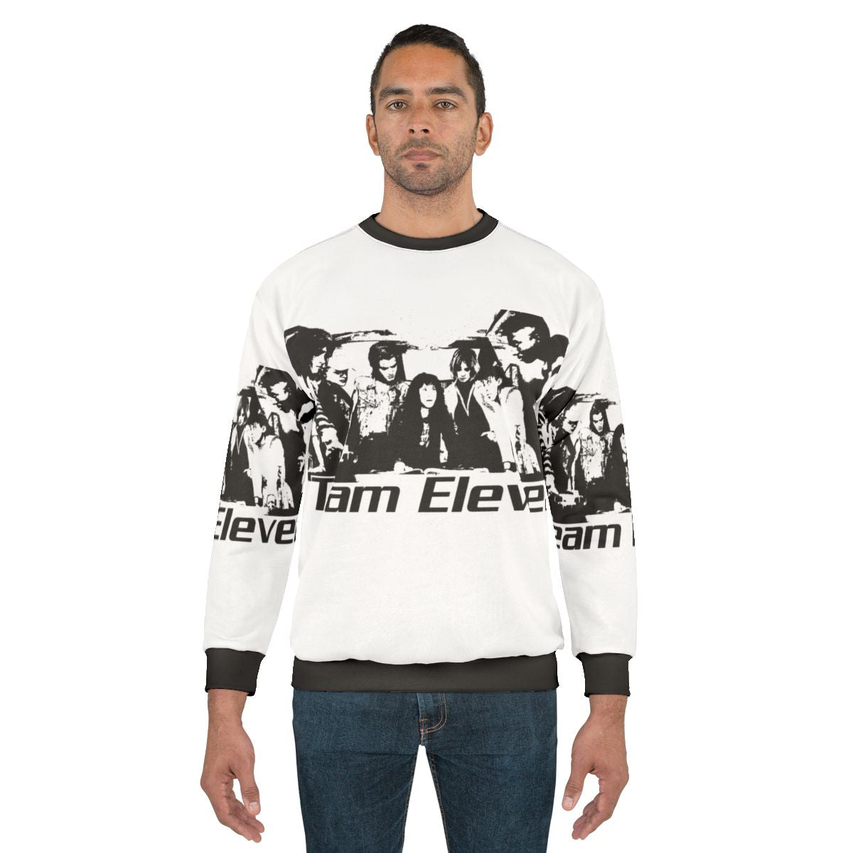 Eleven from Stranger Things wearing a cozy sweatshirt