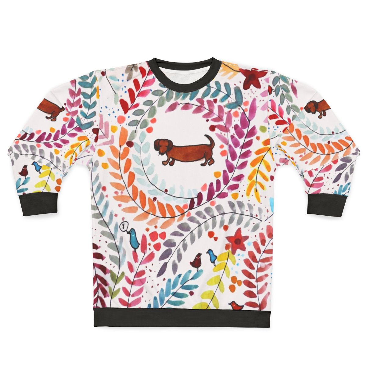 Dachshund wearing colorful floral sweatshirt