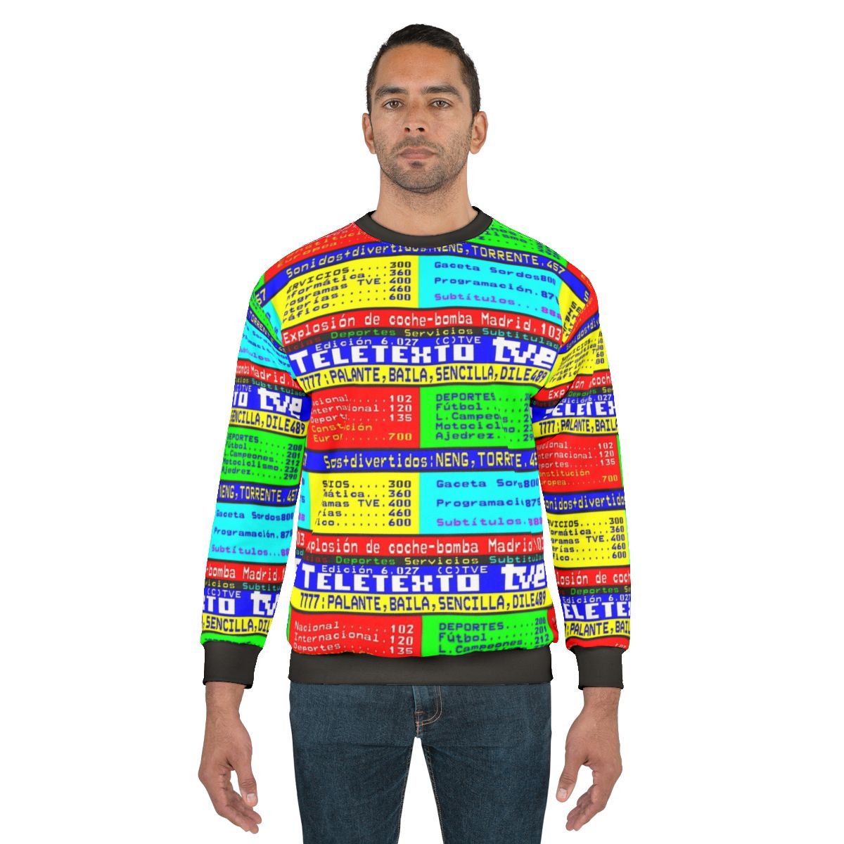 Retro Teletexto Sweatshirt featuring pixel art inspired by Spanish television