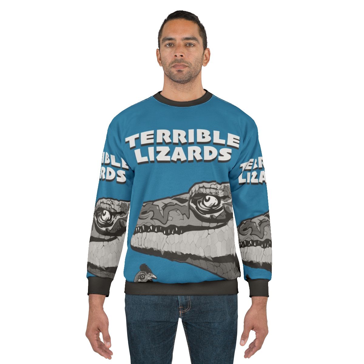 Prehistoric dinosaur sweatshirt with "Terrible Lizards" design