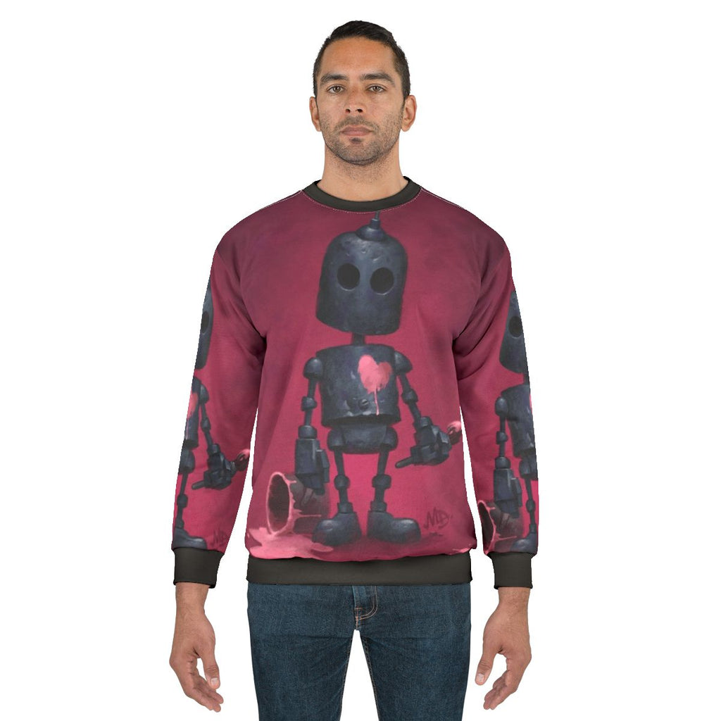 Heartbroken artist robot graphic on pink sweatshirt