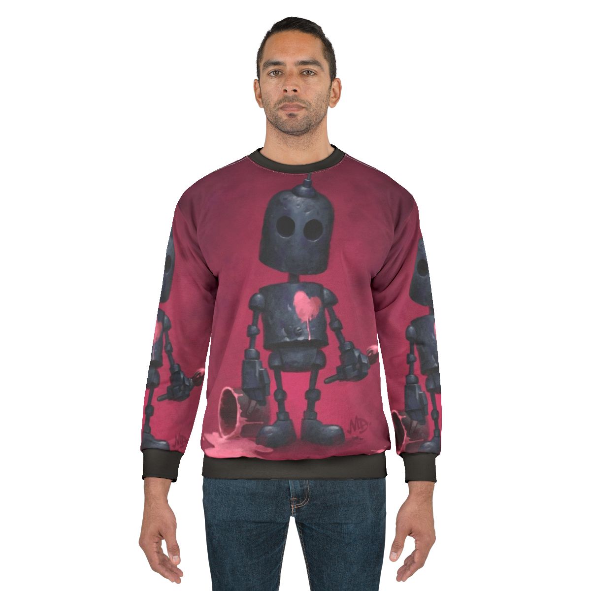 Heartbroken artist robot graphic on pink sweatshirt