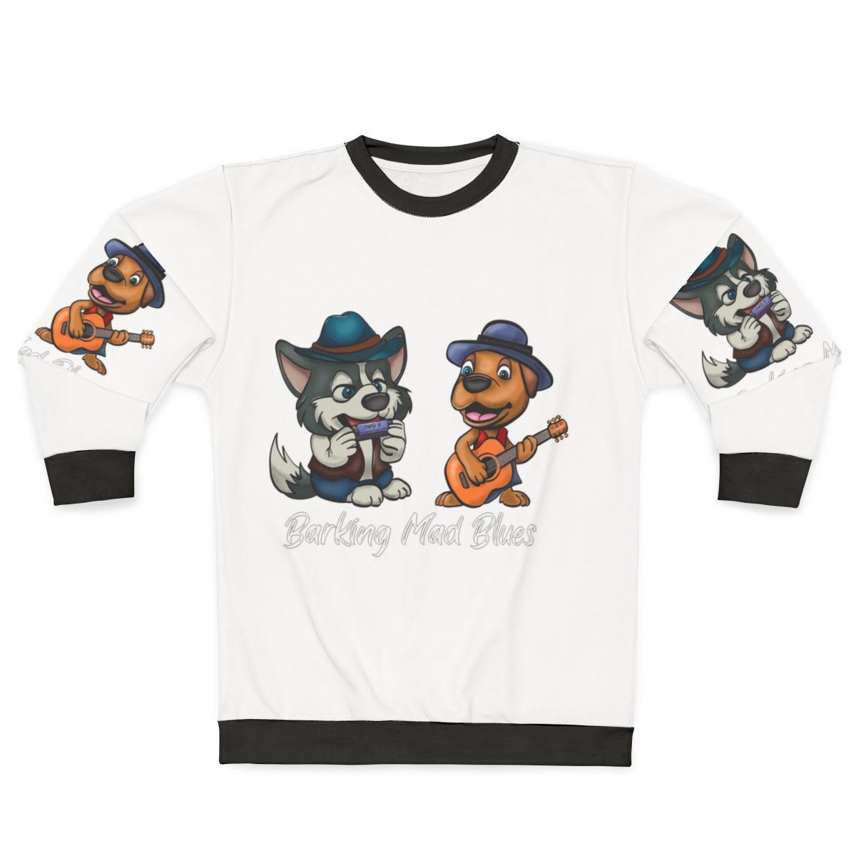 Blues sweatshirt featuring a cartoon malamute musician