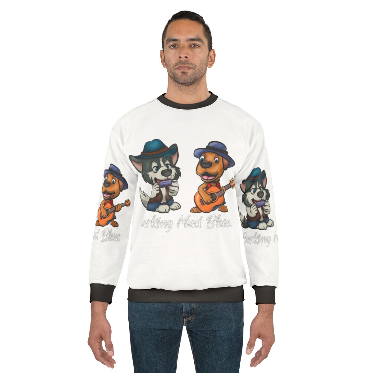 Blues sweatshirt featuring a cartoon malamute musician