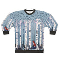 Blue sweatshirt with watercolor painting of birch trees