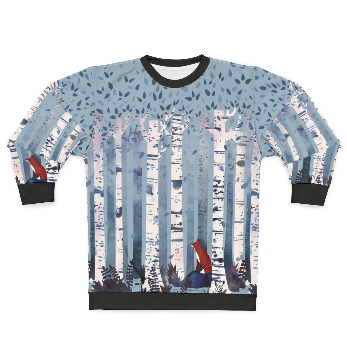 Blue sweatshirt with watercolor painting of birch trees