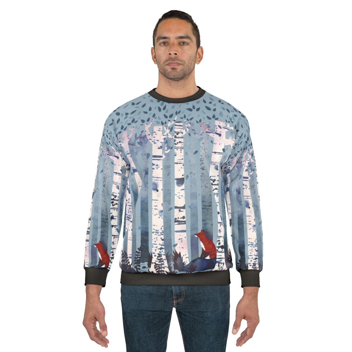 Blue sweatshirt with watercolor painting of birch trees