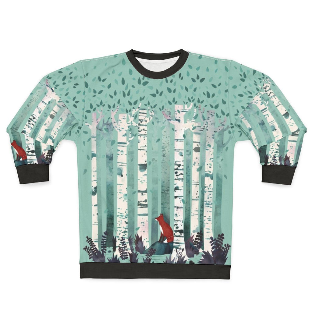 Birch forest watercolor design on a cozy sweatshirt