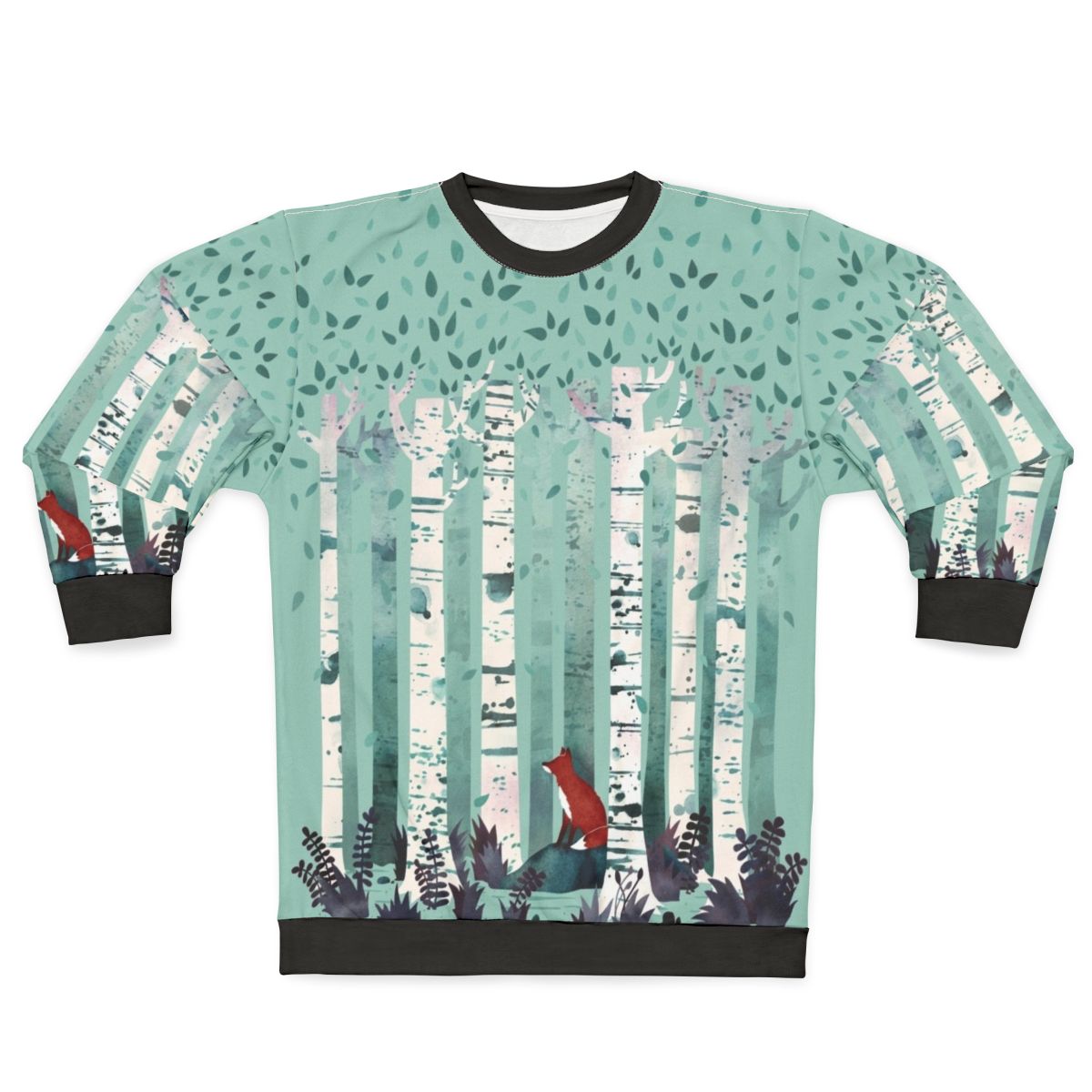 Birch forest watercolor design on a cozy sweatshirt