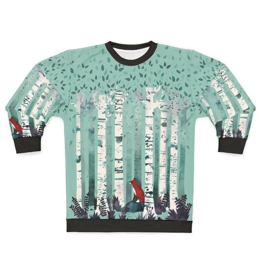 Birch forest watercolor design on a cozy sweatshirt