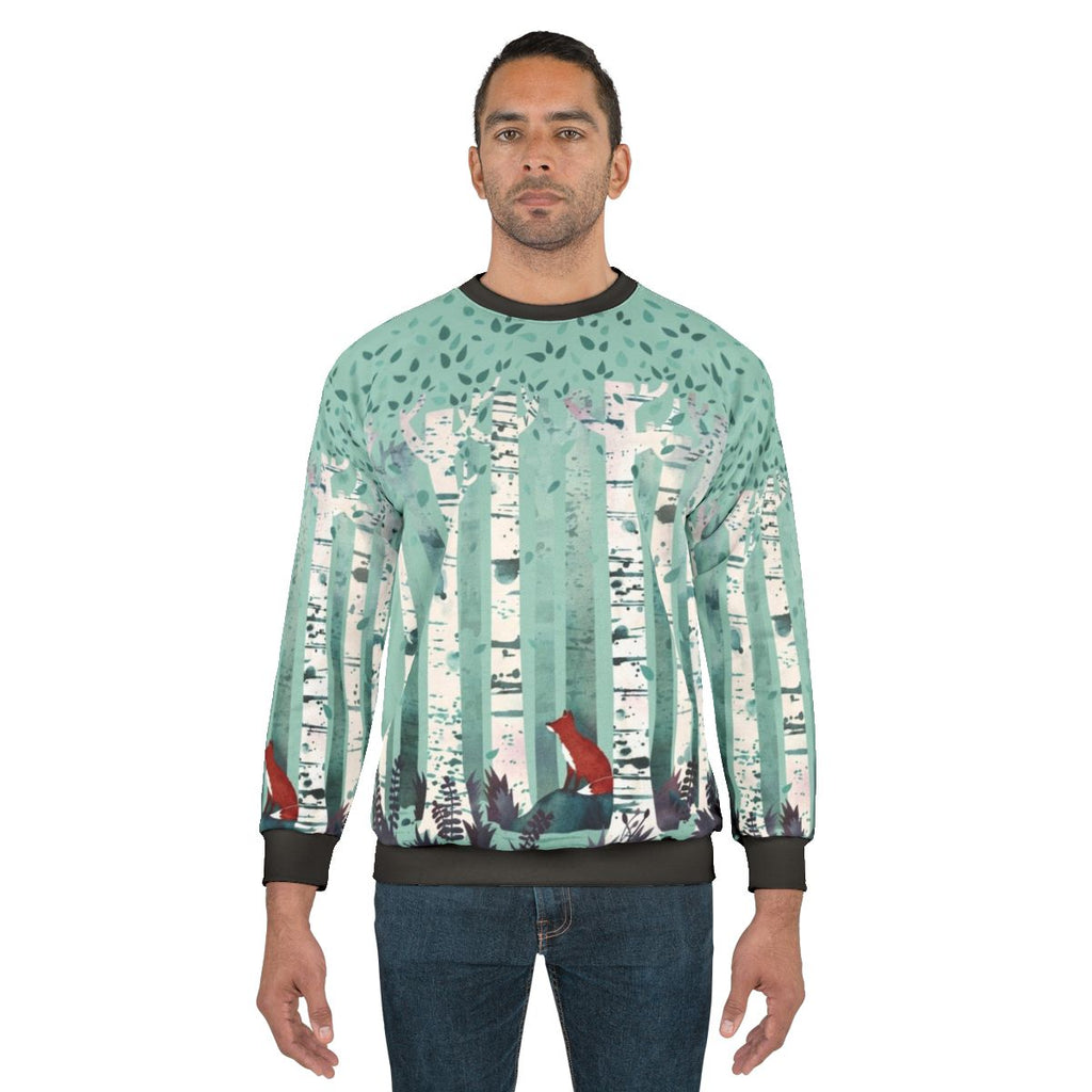 Birch forest watercolor design on a cozy sweatshirt