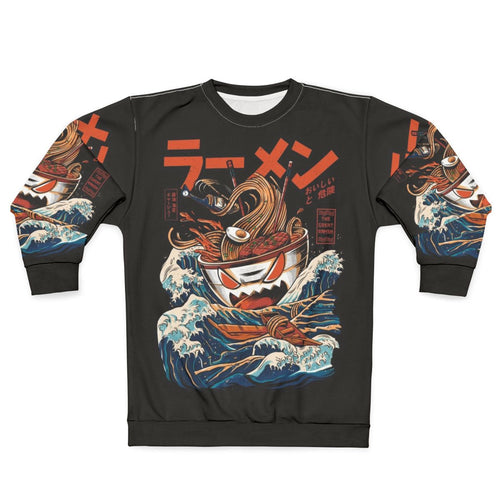 Anime ramen sweatshirt with The Great Wave Kaiju design