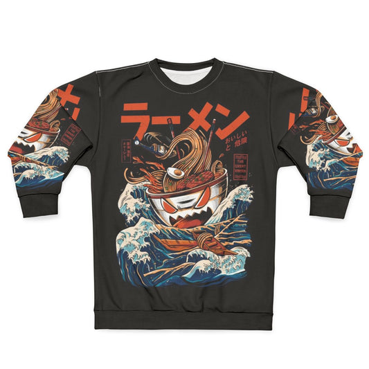 Anime ramen sweatshirt with The Great Wave Kaiju design
