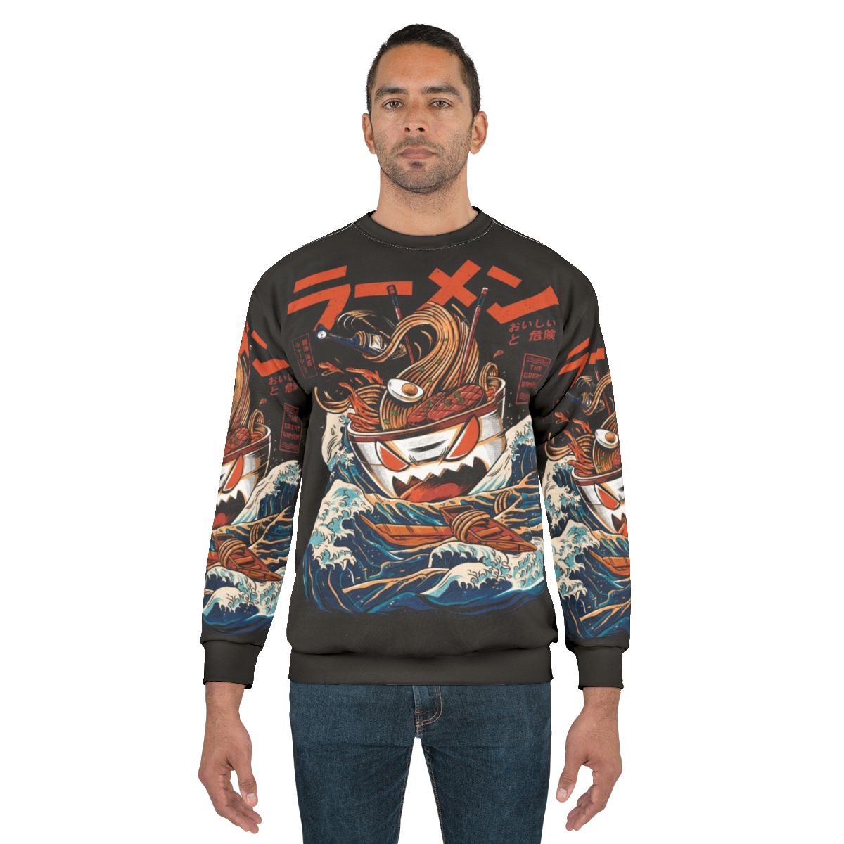 Anime ramen sweatshirt with The Great Wave Kaiju design