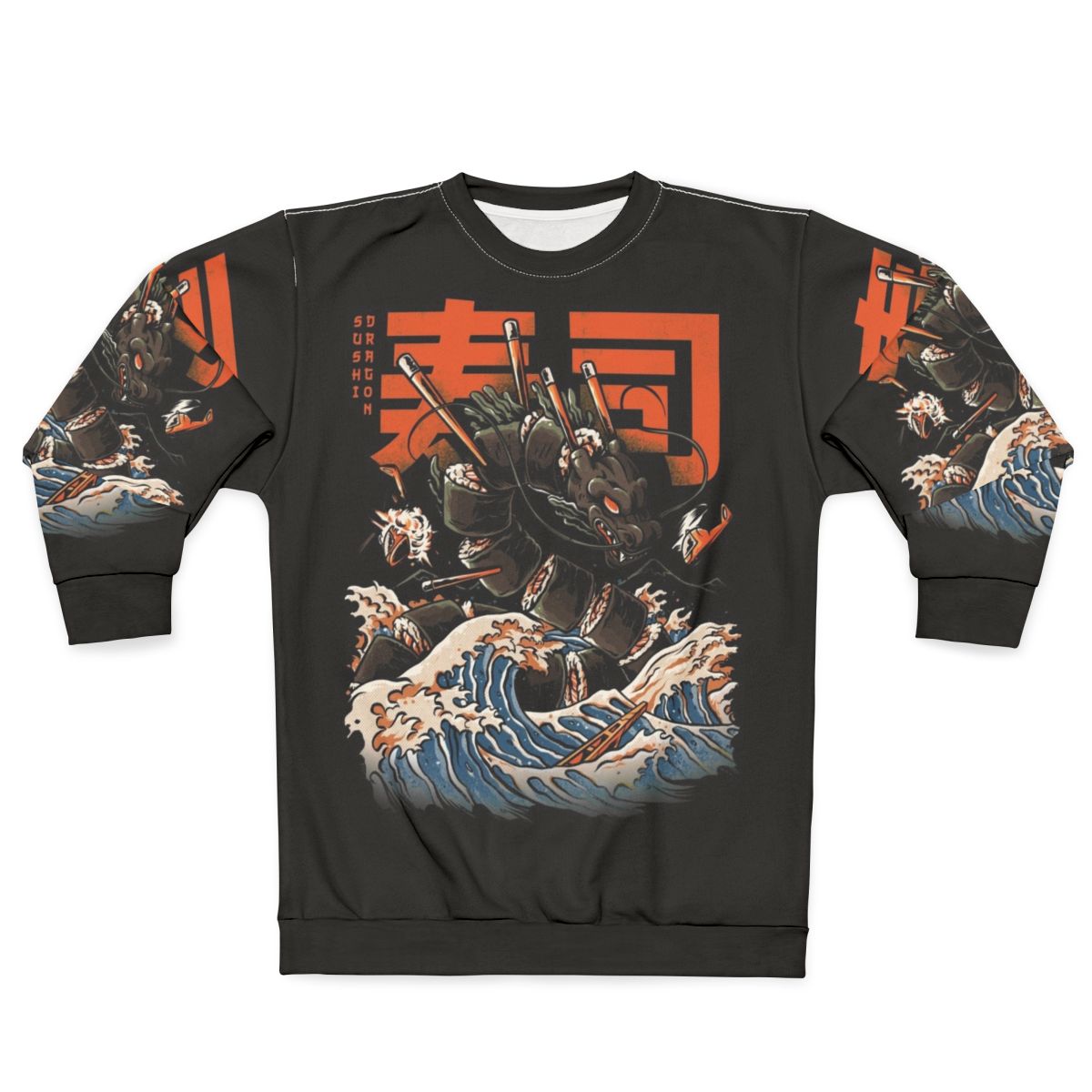 Dragon and sushi graphic on a black sweatshirt