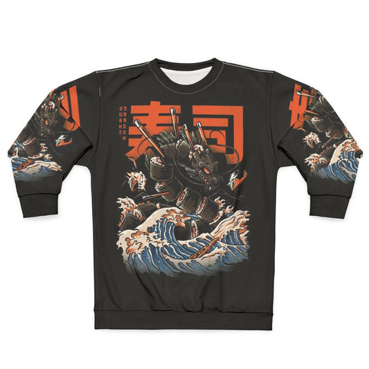 Dragon and sushi graphic on a black sweatshirt