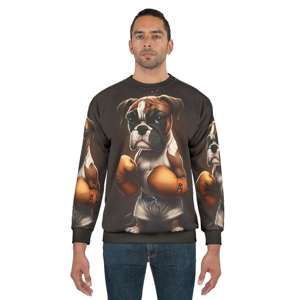 Fierce boxing boxer dog wearing sweatshirt