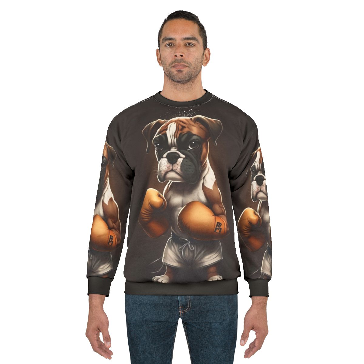 Fierce boxing boxer dog wearing sweatshirt