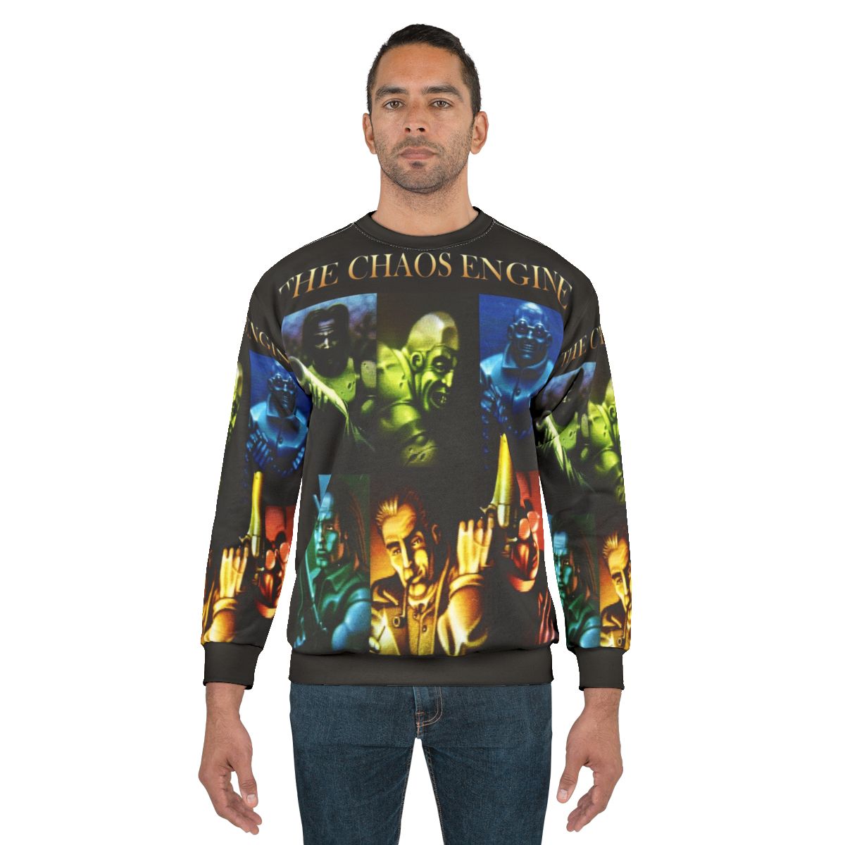 Chaos Engine retro gaming sweatshirt with Commodore C64 and Amiga design