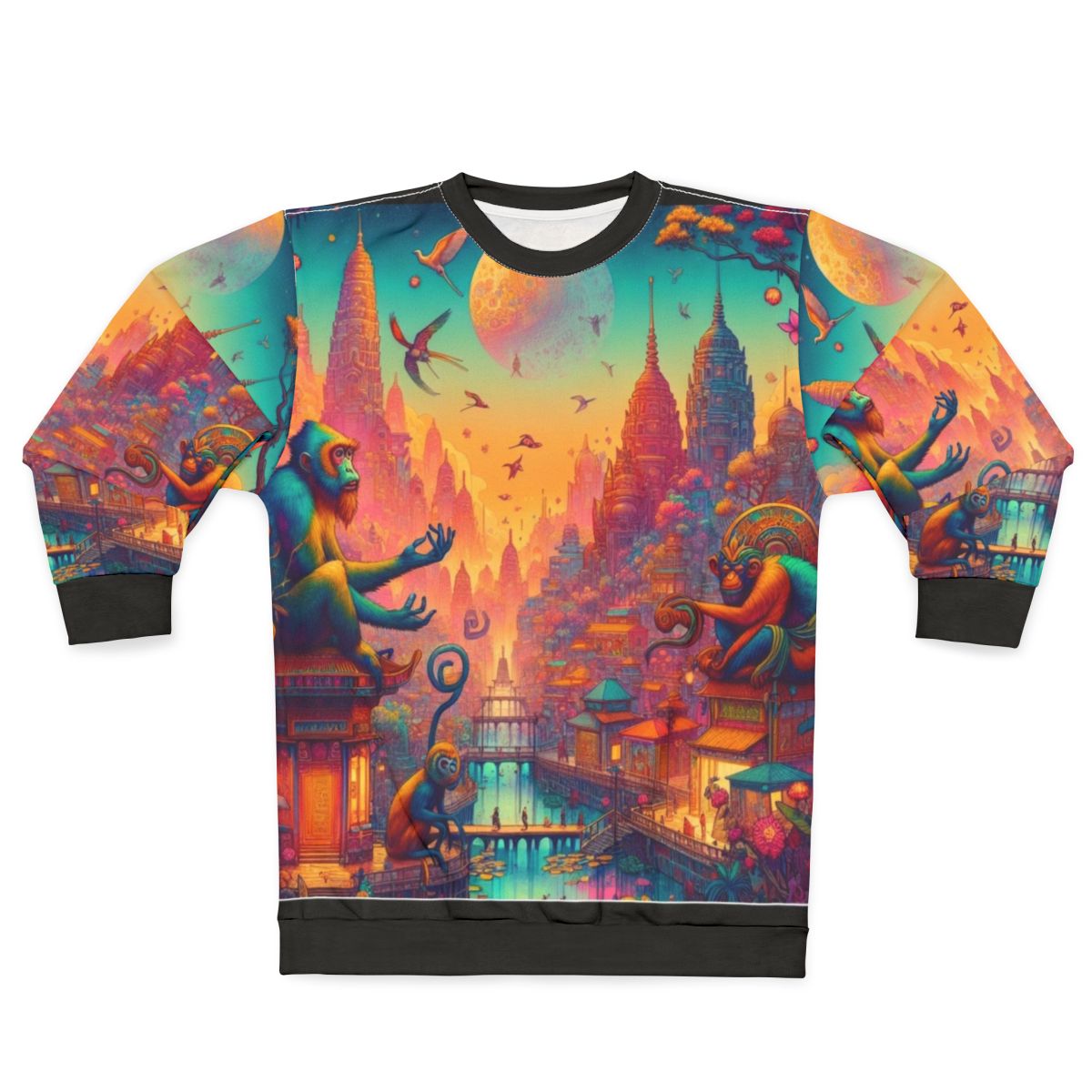 Colorful sweatshirt featuring a city of monkeys design