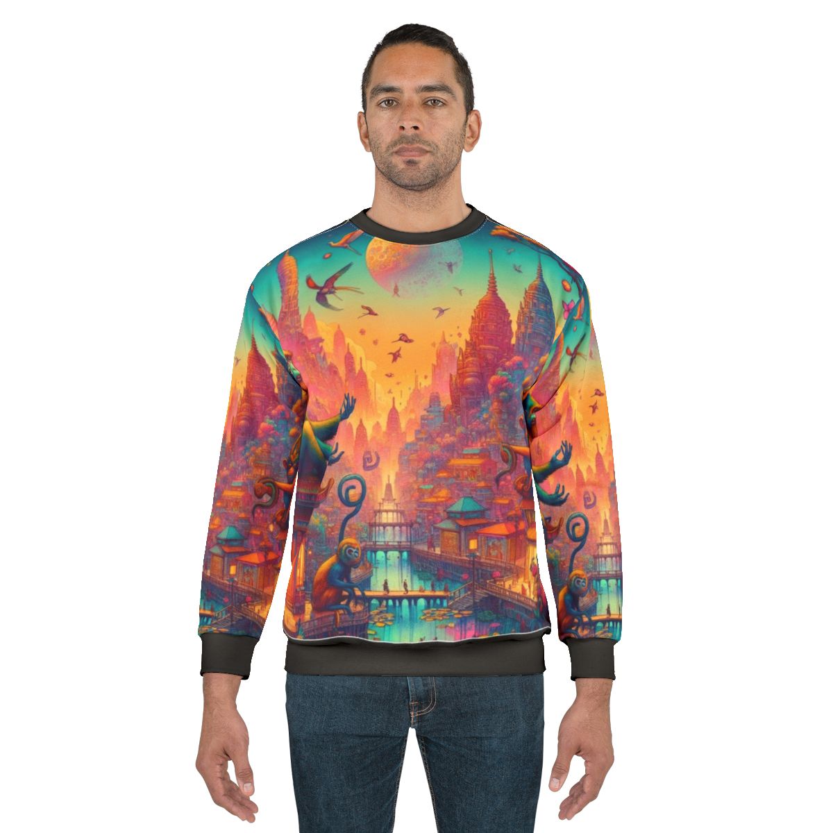 Colorful sweatshirt featuring a city of monkeys design