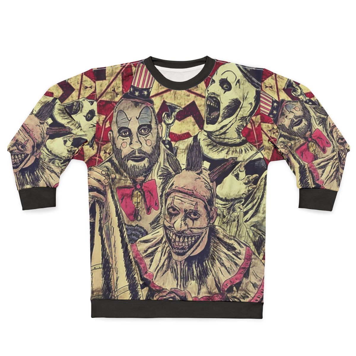 Creepy clowns horror sweatshirt with terrifier, captain spaulding, and twisty designs