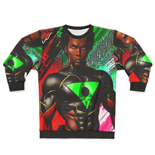 Black superhero wearing The Coalition sweatshirt