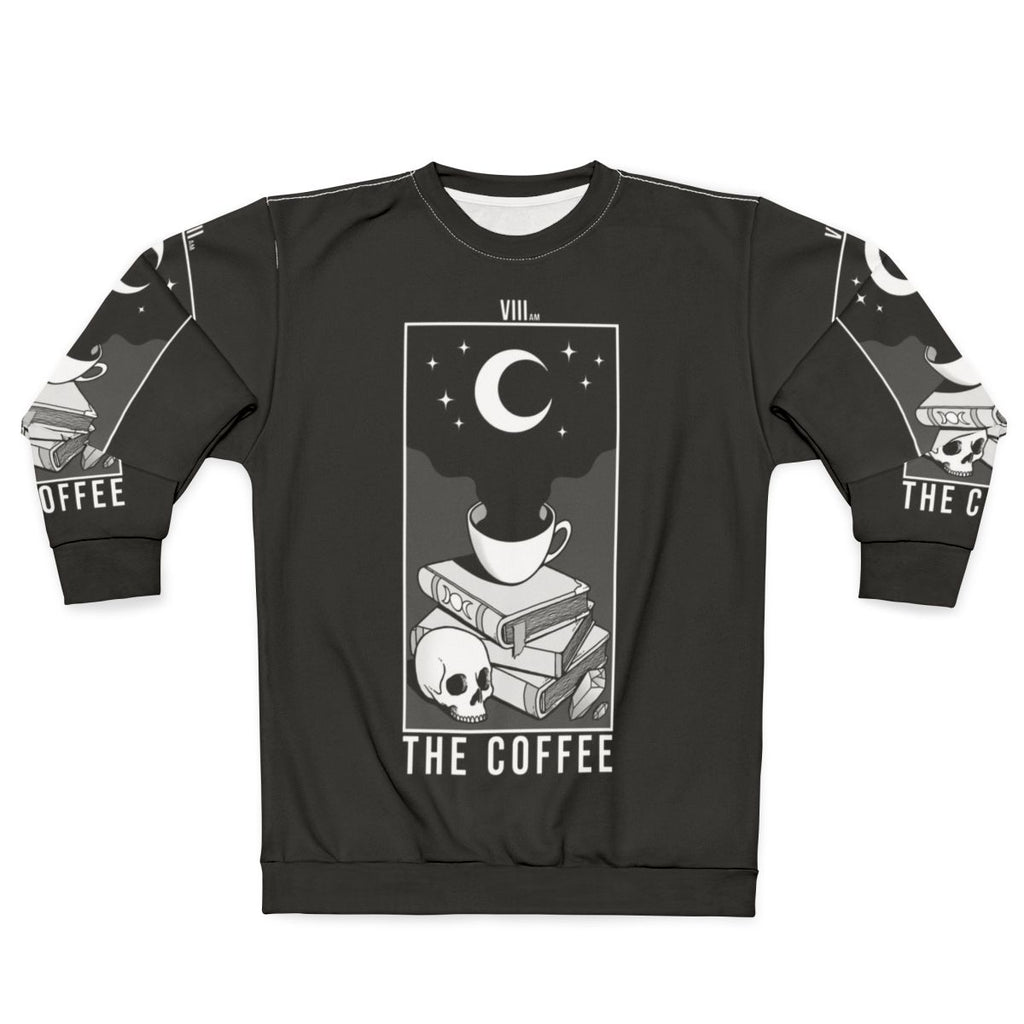 Spooky coffee-themed sweatshirt with gothic and occult design elements