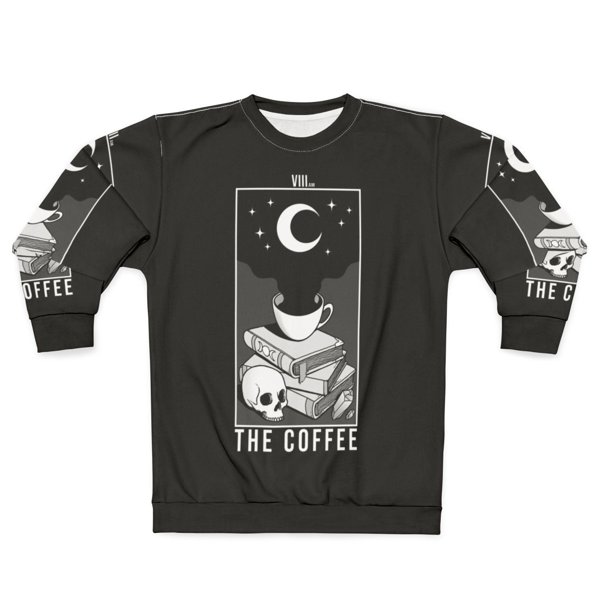 Spooky coffee-themed sweatshirt with gothic and occult design elements