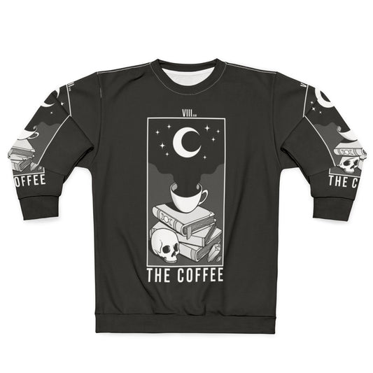 Spooky coffee-themed sweatshirt with gothic and occult design elements