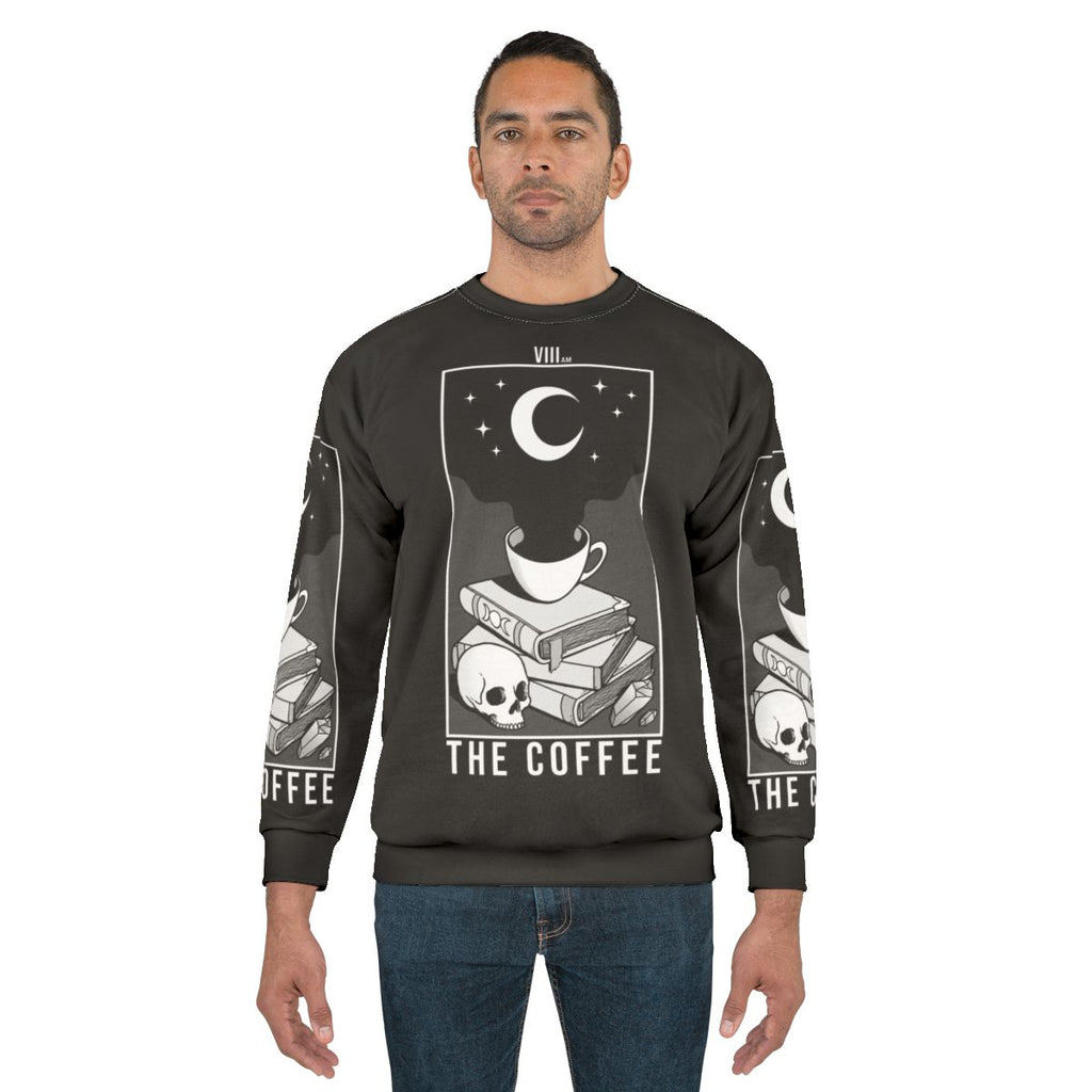 Spooky coffee-themed sweatshirt with gothic and occult design elements