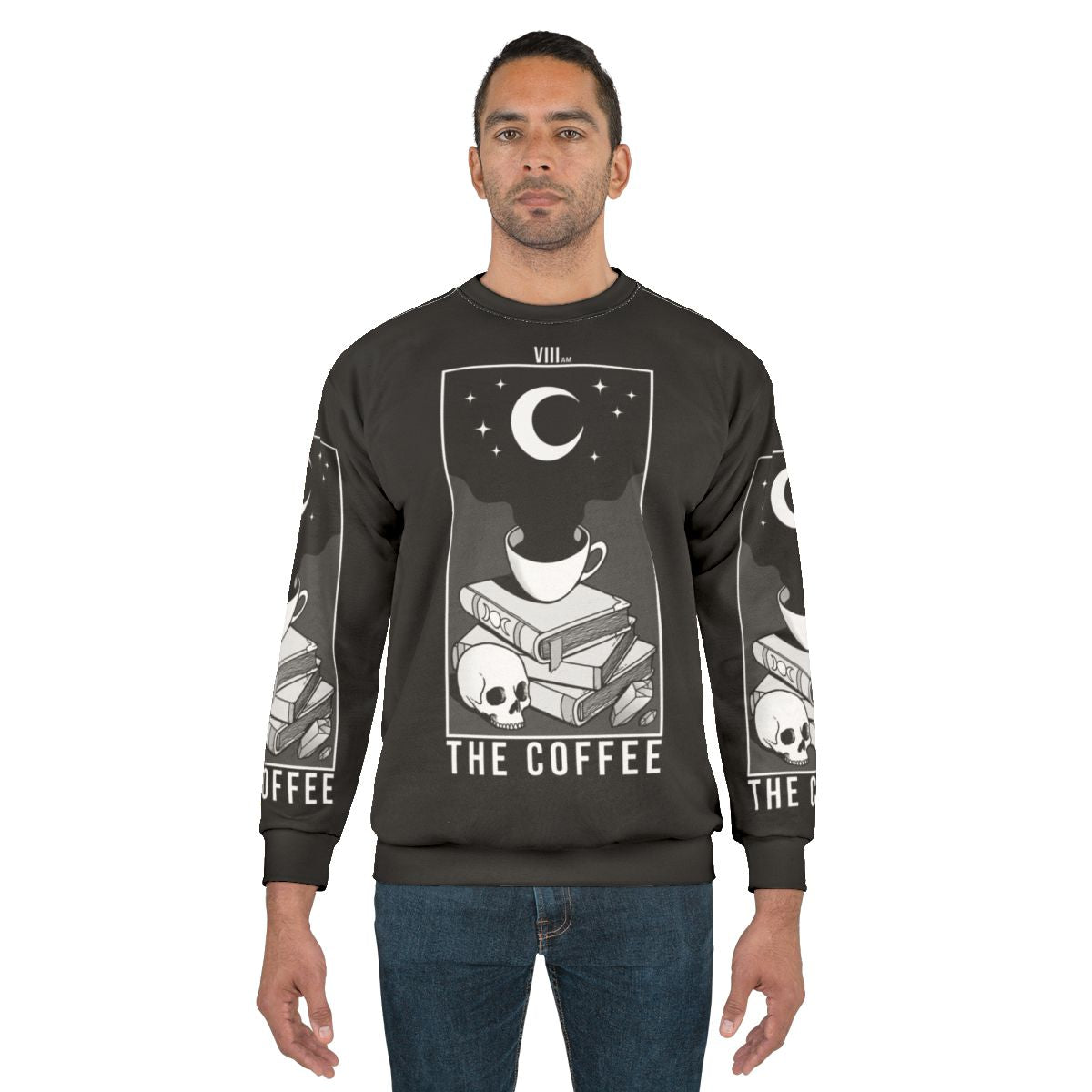 Spooky coffee-themed sweatshirt with gothic and occult design elements