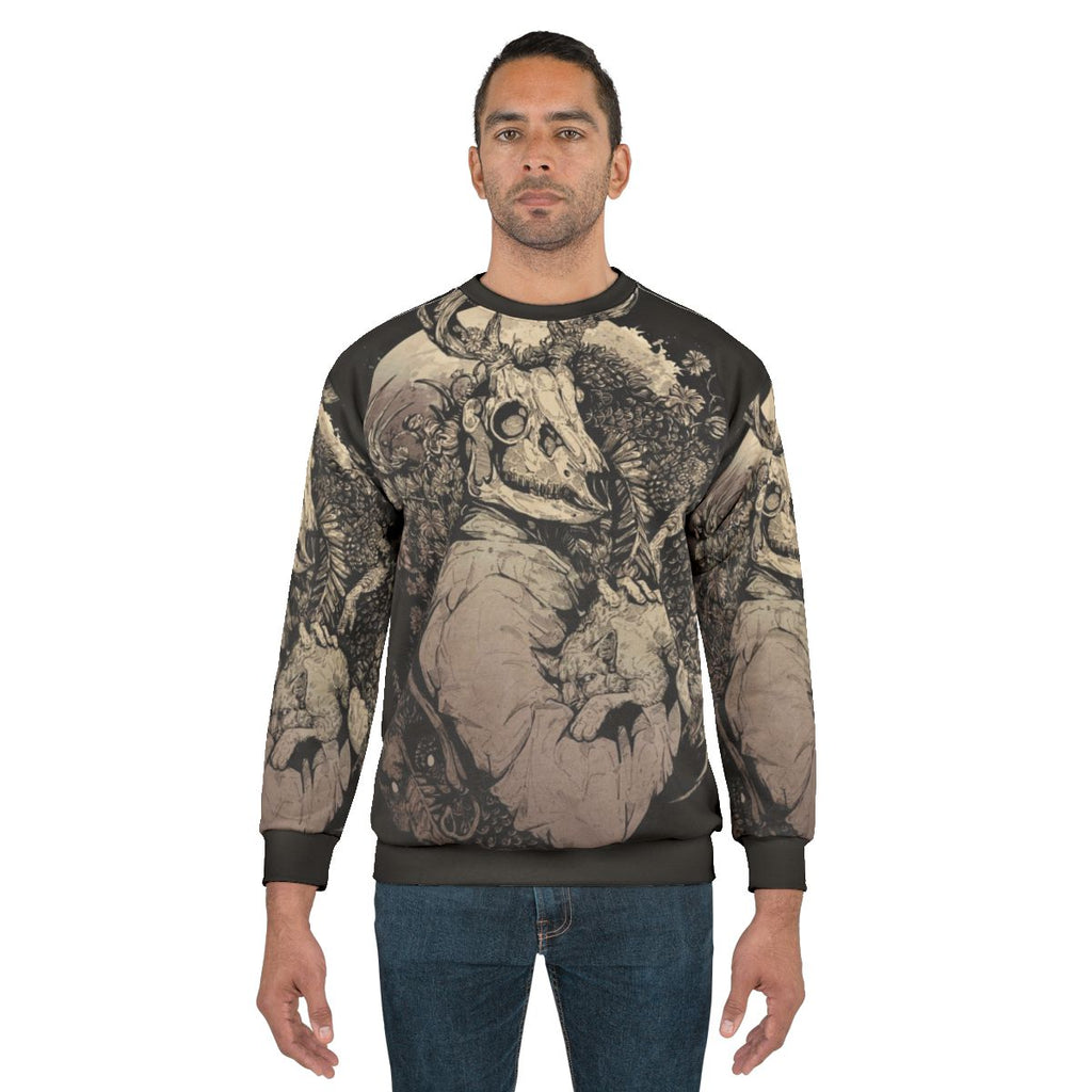 Dragon's Daughter Sepia Gothic Sweatshirt with Skull and Cat Design