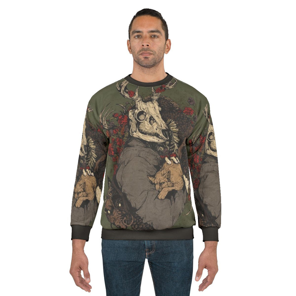 Detailed dragon ink graphic design on a cozy sweatshirt
