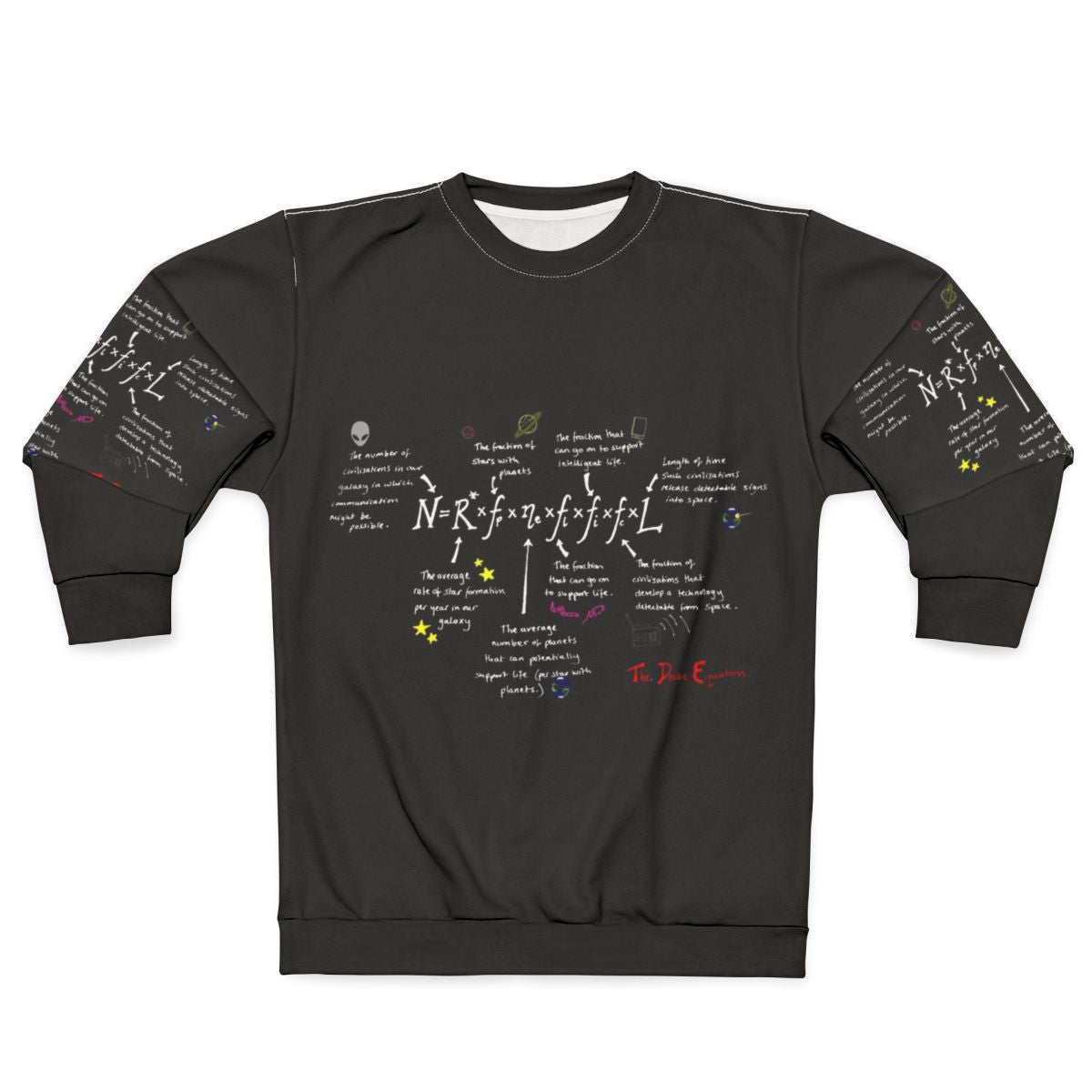 The Drake Equation B Sweatshirt featuring a mathematical formula for estimating the number of advanced civilizations in the Milky Way galaxy