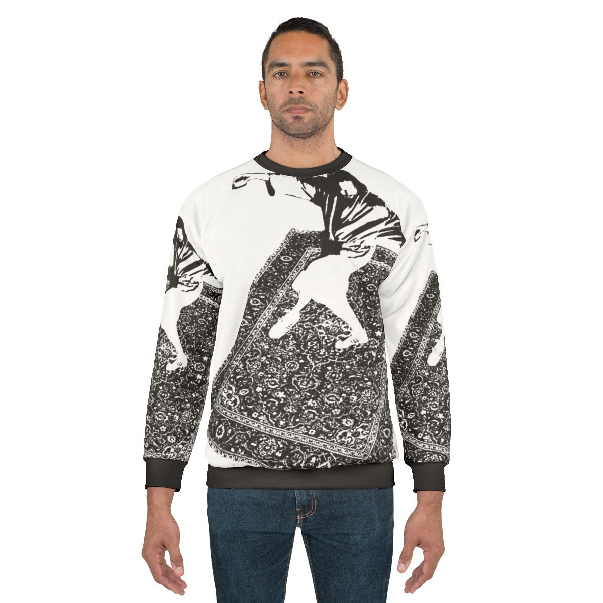 The Dude from The Big Lebowski wearing a meditation-inspired sweatshirt