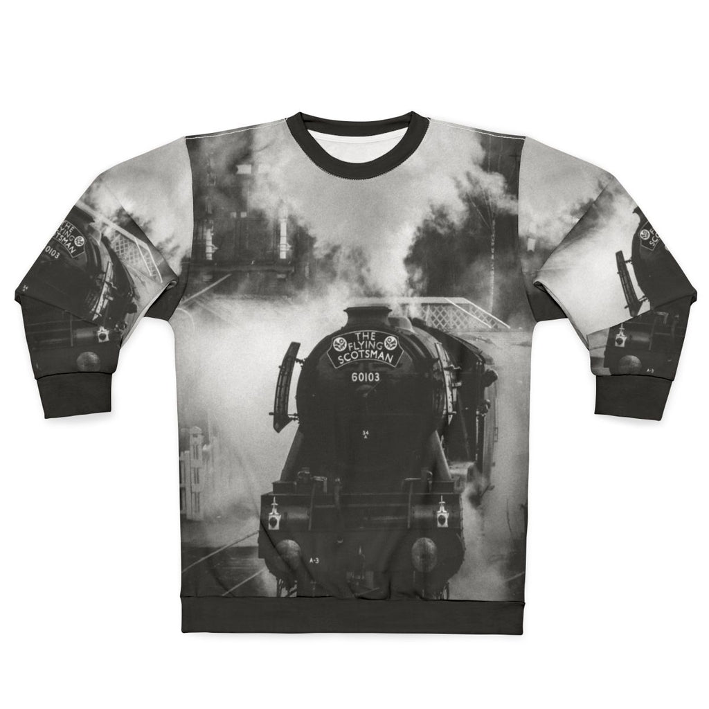 A cozy sweatshirt featuring the iconic The Flying Scotsman steam locomotive