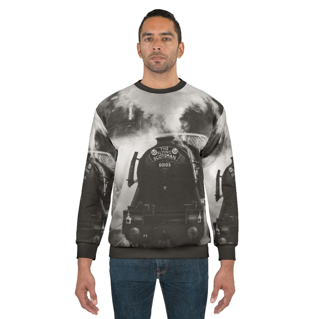 A cozy sweatshirt featuring the iconic The Flying Scotsman steam locomotive