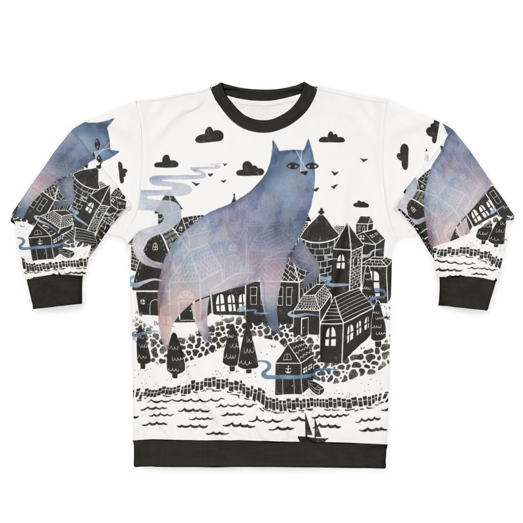 Cozy fog sweatshirt with watercolor landscape and surreal nature design