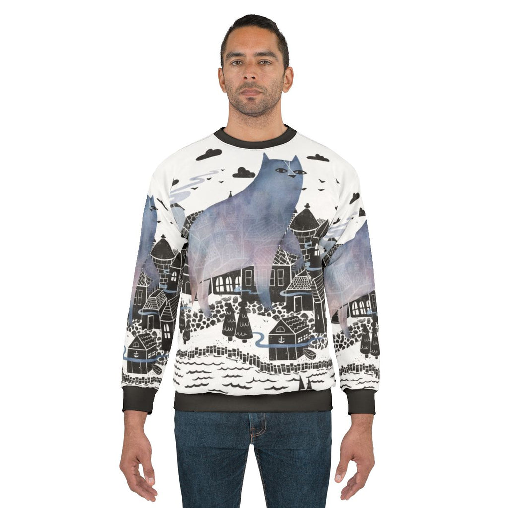 Cozy fog sweatshirt with watercolor landscape and surreal nature design