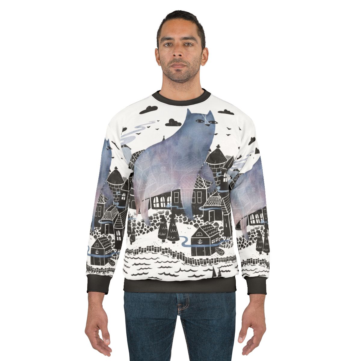 Cozy fog sweatshirt with watercolor landscape and surreal nature design
