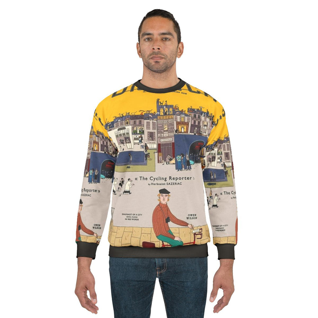 The French Dispatch The Cycling Reporter Sweatshirt featuring Wes Anderson's film and Timothée Chalamet