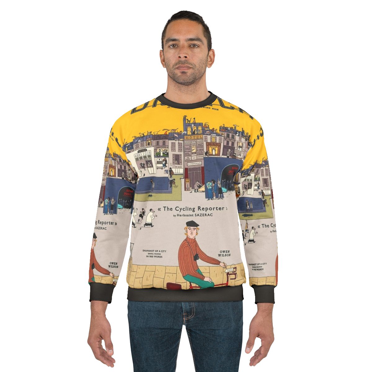 The French Dispatch The Cycling Reporter Sweatshirt featuring Wes Anderson's film and Timothée Chalamet