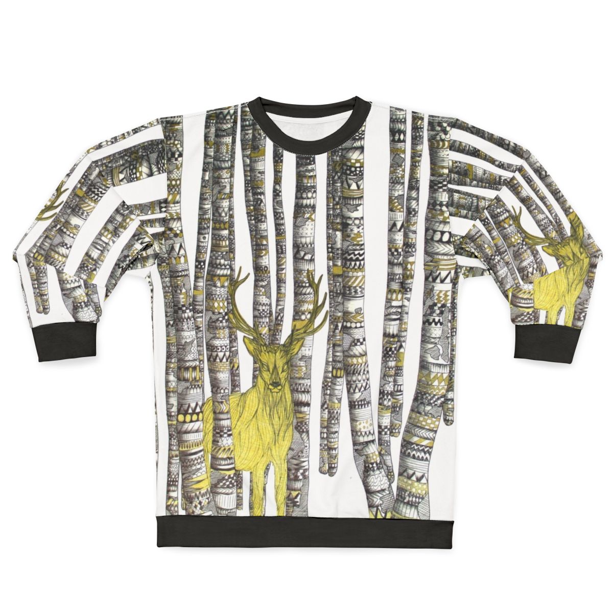 Golden stag silhouette on a cozy black and white sweatshirt