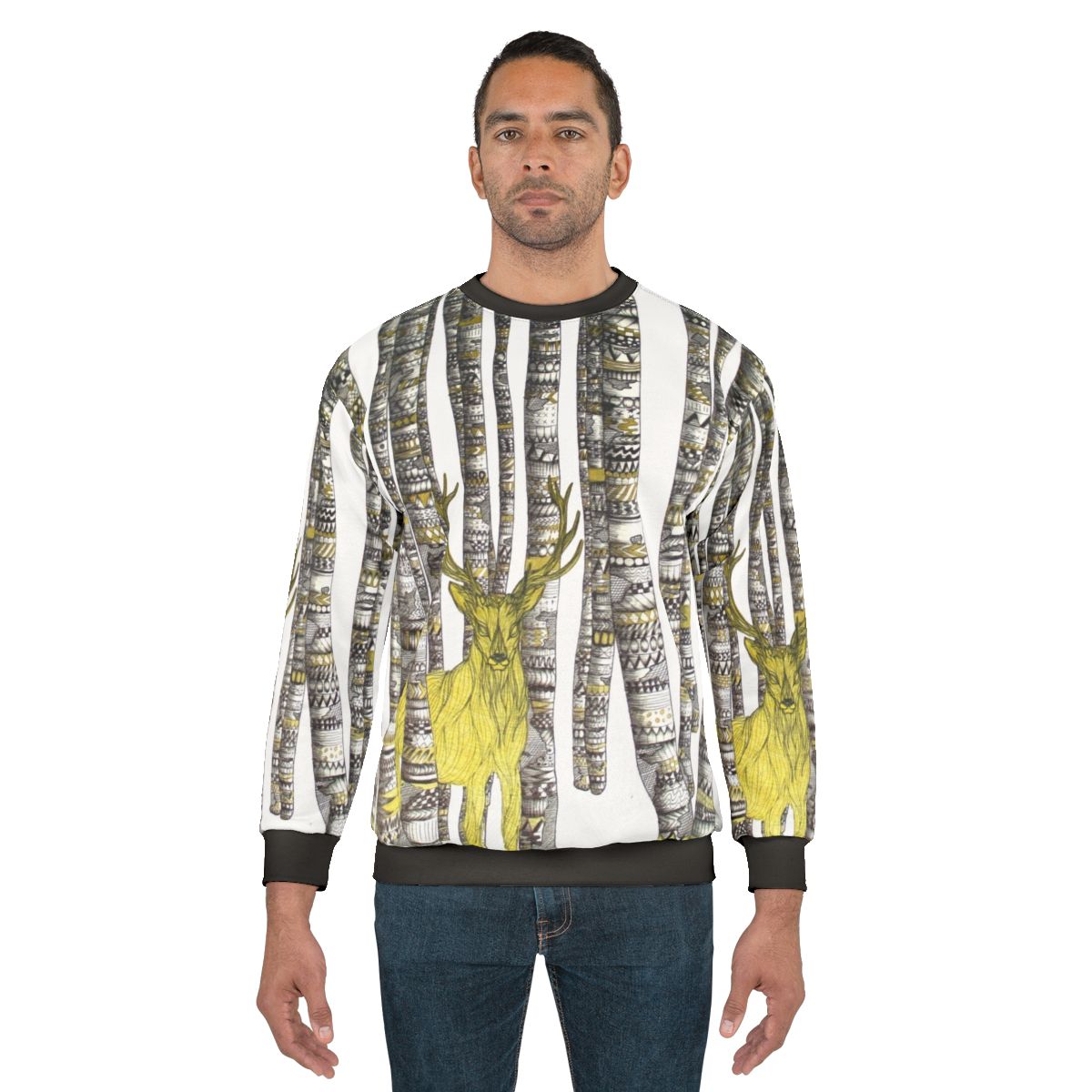 Golden stag silhouette on a cozy black and white sweatshirt
